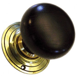 Bun Door Knob - Extra Large - Ebonised Wood - Brass Collar & Rose - Mortice & Rim