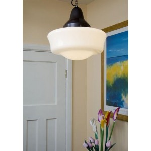 School Pendant - Flashed Opal Glass Shade - Antique Finish