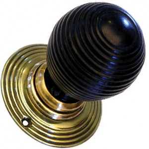 Beehive Door Knob - Tall - Ebonised Wood - Brass Collar & Rose - Mortice & Rim